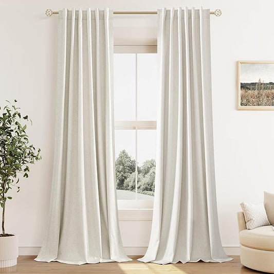 Guken Cream 100% Blackout Linen Curtains 42 Inch Wide by 102 Inch for Living Room Bedroom Back Tab Thermal Insulated Black Out Drapes Room Darkening Window Curtains