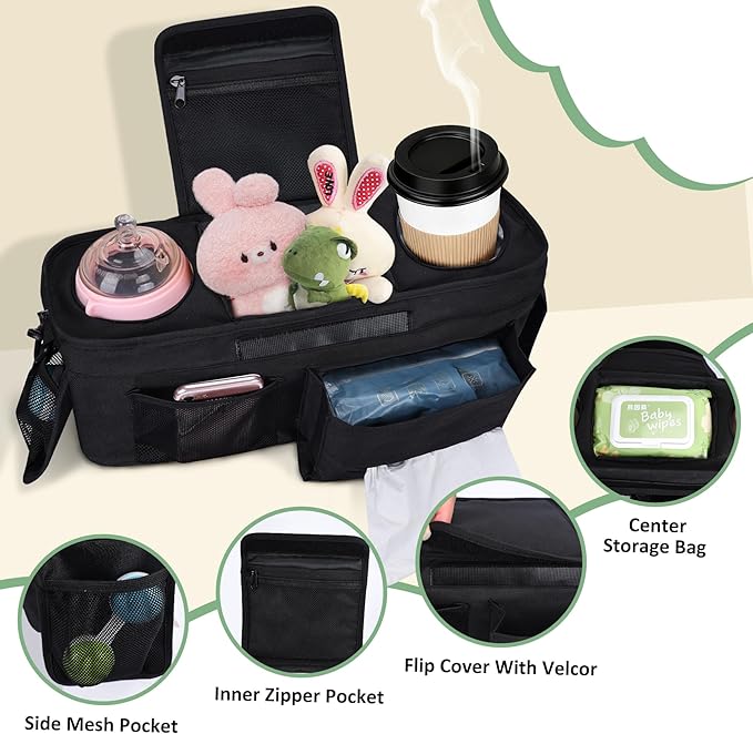 INFANZIA Universal Stroller Organizer with Insulated Cup Holders, Adjustable Stroller Caddy with Phone Bag & Shoulder Strap, Baby Stroller Accessories Fits for Uppababy, Doona, Jogger, Britax (Black)