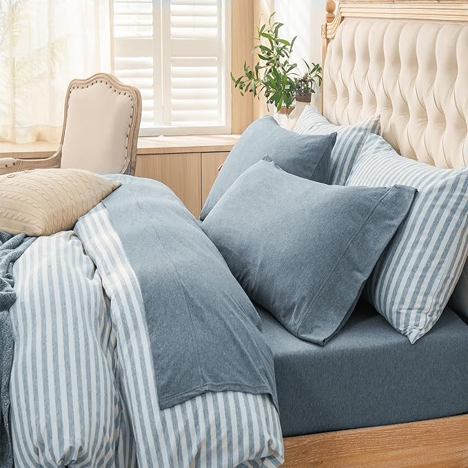 PURE ERA Jersey Knit 4pc Bed Sheet Set 100% T-Shirt Cotton Super Soft Comfy Breathable Fits Mattress Up to 20" Extra Deep Pocket (Heather Blueish Grey, Full)