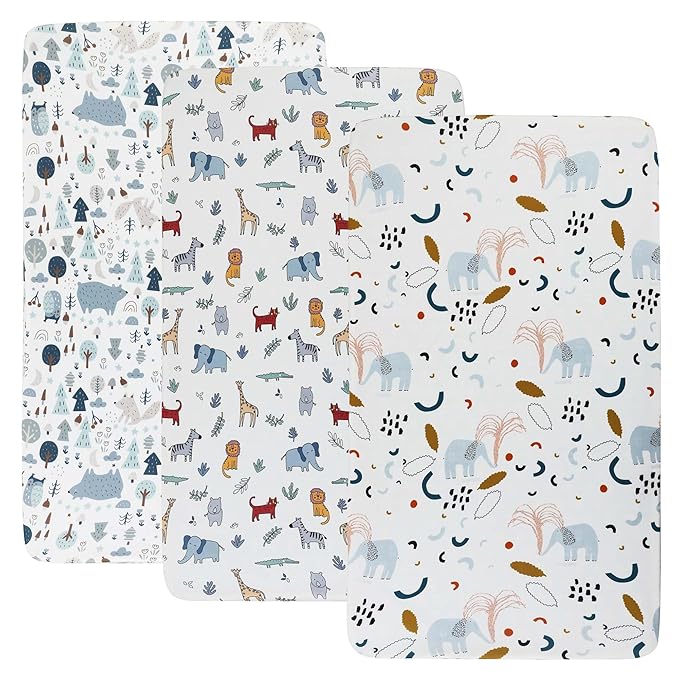 Onacosht Stretchy Bassinet Sheets 33" x 19" Compatible with Mika Micky, KoolaBaby (3 in 1), BabyBond, HARPPA and RICUTON Bedside Bassinet, 3 Pack, Elephant Giraffe Zebra Printing