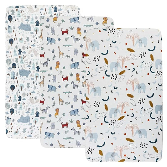 Onacosht Stretchy Bassinet Sheets 33" x 19" Compatible with Mika Micky, KoolaBaby (3 in 1), BabyBond, HARPPA and RICUTON Bedside Bassinet, 3 Pack, Elephant Giraffe Zebra Printing
