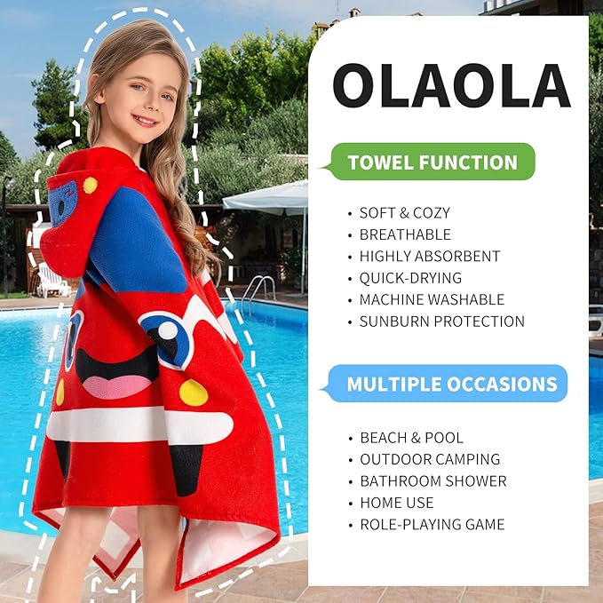 OLAOLA Car Hooded Towel for Kids 3-12 Years, 28" x 53" Soft Thick Absorbent Beach Towels, Toddler Bath Towel Wrap Swim Pool Towels Poncho for Boys Girls