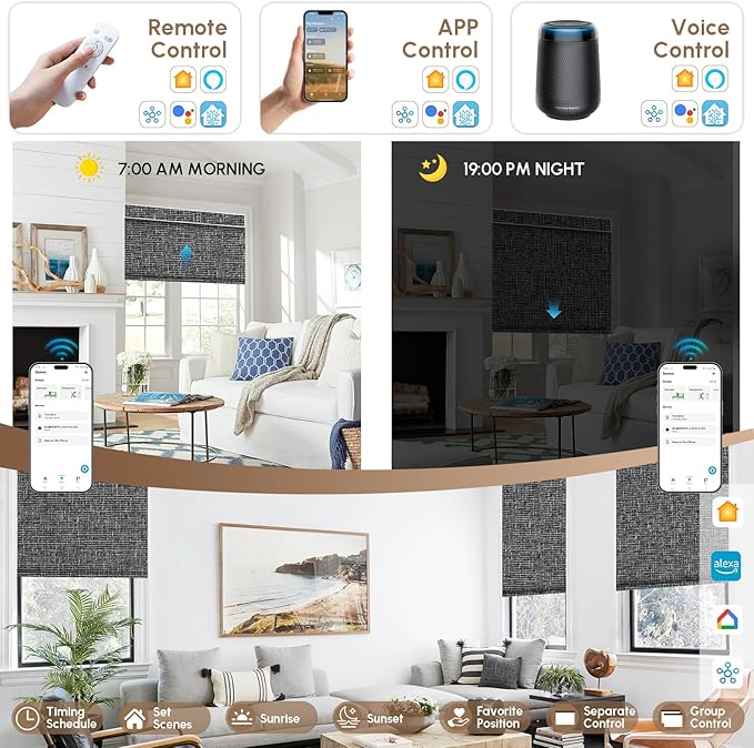 Kincmo No Drill Motorized Blinds with Remote, 100% Blackout Roller Shades for Windows, Custom Electric Blinds Compatible with Alexa, Apple Homekit, Google Home (100% Blackout Classic Dark Grey)