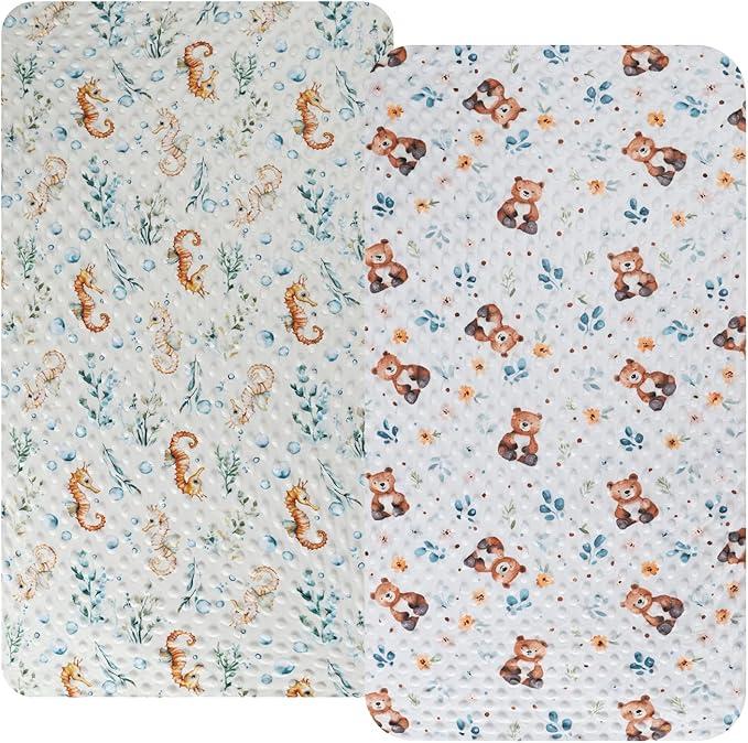 Dot Bassinet Sheet Set 2 Pack Stretch Fitted 35"x21" Bedside Bassinet Sheets,Ultra Soft, for Baby Girls and Boys Seahorse,Bear