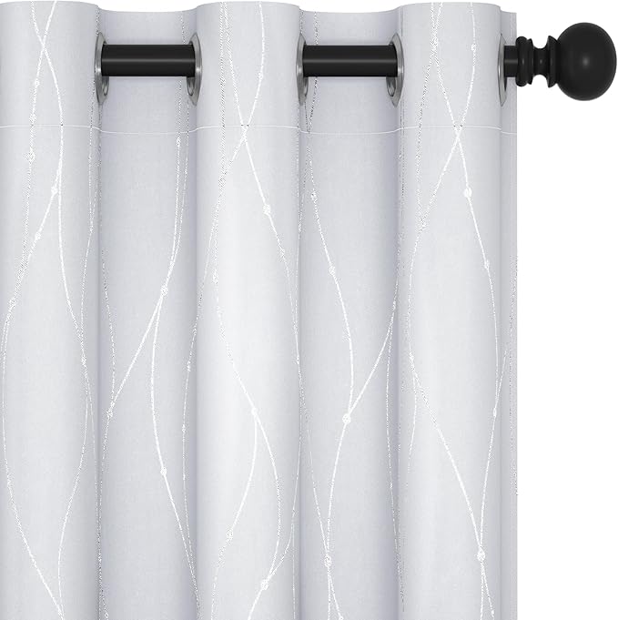 Deconovo Room Darkening Curtain, White Curtains, Thermal Insulated Noise Reducing Drapes, Silver Wave Dots Print, 42 x 72 Inch, Grommet Machine Washable Window Panels for Living Room Nursery, Set of 2