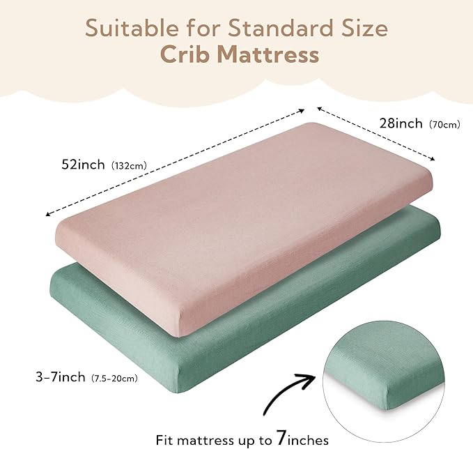 SOULFUL Muslin Crib Sheets for Boys Girls, 2 Pack Soft and Breathable Cotton Fitted Crib Sheets for Standard Crib Mattress (28"x 52", Green & Dusty Rose)