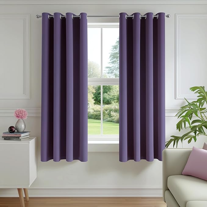 FMFUNCTEX 100% Blackout Curtains for Bedroom, Purple Curtains 54 Inches Long Textured Thermal Insulated Curtains for Living Room Drapes, Black Out Drapery Grommet Room Darkening 2 Panels