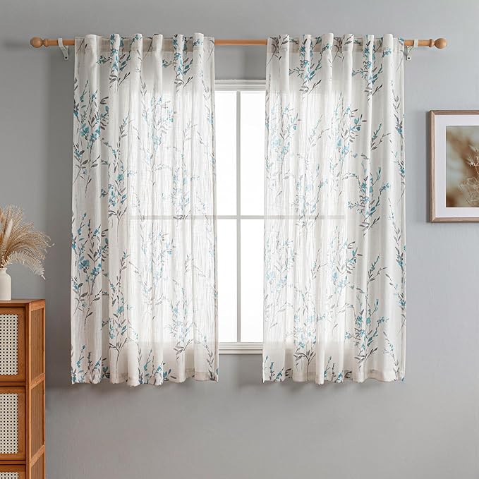MYSKY HOME Sheer Curtains 63 Inch Length 2 Panels for Bedroom Floral Natural Linen Blended Curtains Light Filtering Privacy Protect Farmhouse Pattern Drapes Window Treatment for Living Room, Teal