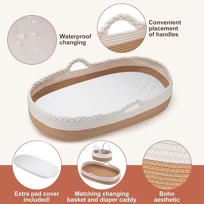 Moses Basket by The Baby Wey, Moses Baskets for Newborn, Baby Changing Basket, 2 Washable Waterproof Pad Covers, Diaper Caddy, Tote Bag, Portable Changing Pad
