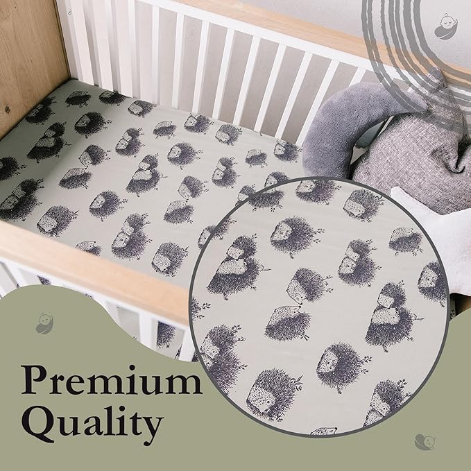 Oilo Changing Pad Cover, Breathable 100% Turkish Cotton Fitted Jersey, 300 Thread Count, Machine Washable, Fits Standard Changing Pads (32" x 16"), Girl, Boy, & Neutral Nursery Design, Olive Hedgehog