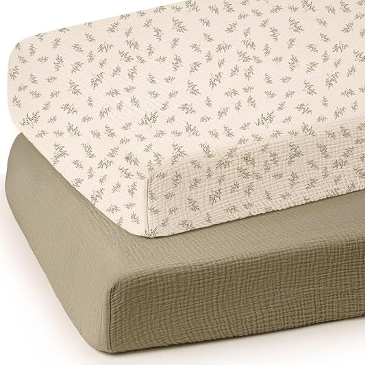 lulumoon Baby Muslin Crib Sheets - Toddler Cotton Fitted Crib Sheets Neutral for Boys and Girls 2Pack