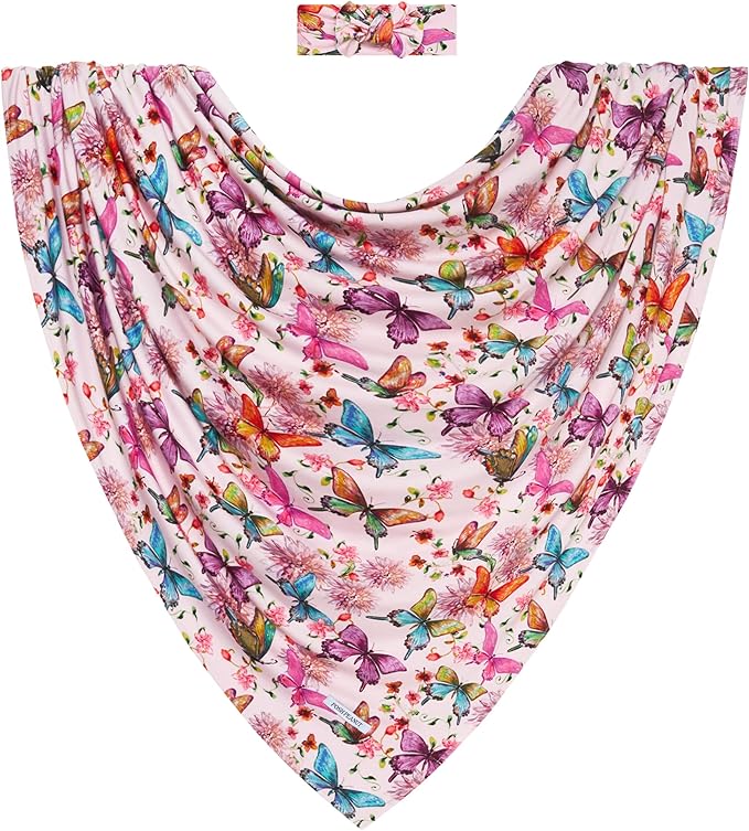 Posh Peanut Swaddle Blanket & Headband Set – Viscose from Bamboo Stretchy Baby Swaddle for Newborn Girls, Receiving Blanket or Nursing Cover (Watercolor Butterfly)
