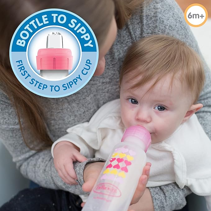 Dr. Brown's Anti-Colic Options+ Narrow Sippy Bottle Starter Kit, 8oz/250mL, with Level 3 Medium-Fast Flow Nipple and Soft 100% Silicone Sippy Spout, Pink, BPA Free, 6m+