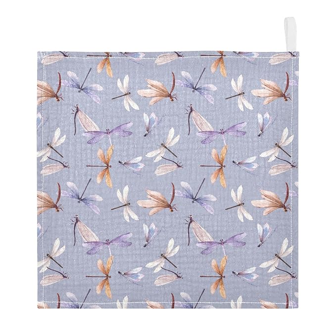 Baby Washcloths Cotton Dragonfly Baby Muslin Washcloths Soft Baby Face Towel for Newborn Infants Baby Wipes, 11.8 X 11.8 Inch, 3 Pack Lilac