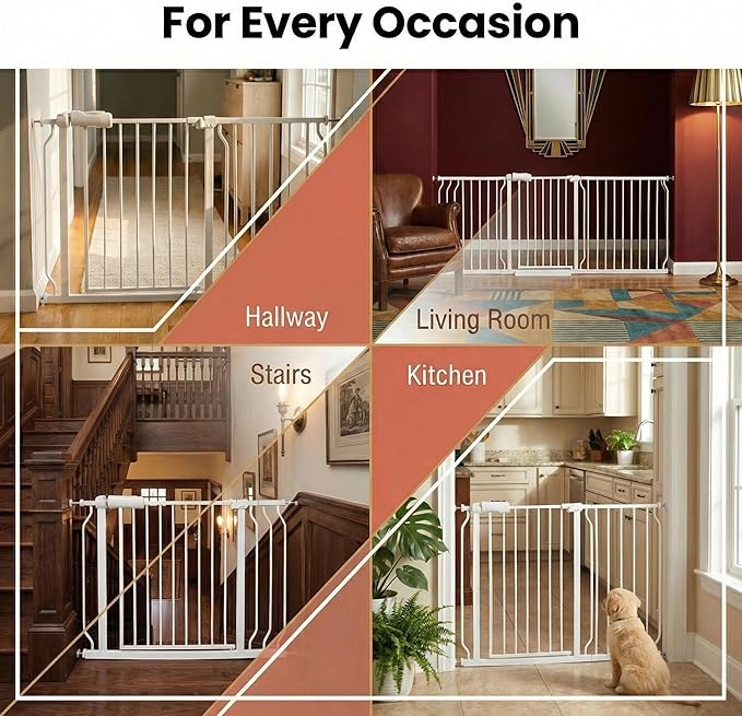 Extra Wide Baby Gate - 62-67 Inch Tension Mounted Safety Child & Pet Gate - White Metal - Walk Through - Long - for House Doorways & Stairs