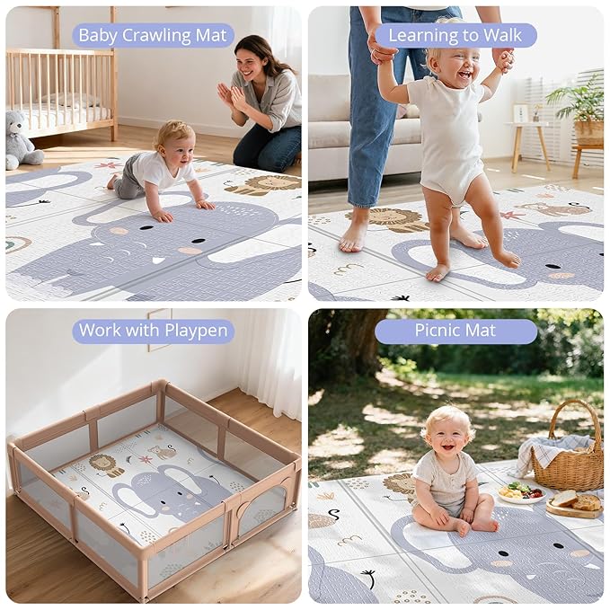 59x59 Foldable Foam Baby Play Mat for Floor, Babies Activity Tummy Time Playmat, Kids Non Toxic Foam Thick Play Mat for Baby, Toddlers, Waterproof & Anti-Slip Crawling Mats,Elephant,59x59x0.4