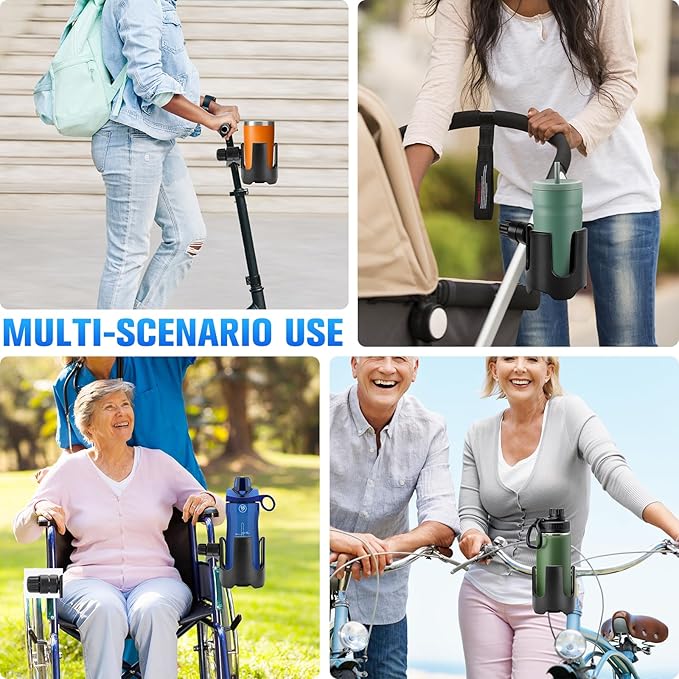 Universal Stroller Cup Holder, 360° Rotation Large Caliber Adjustable Cup Holder for Walker, Wheelchair, Bike, Scooter, Fits Most Cup, Black