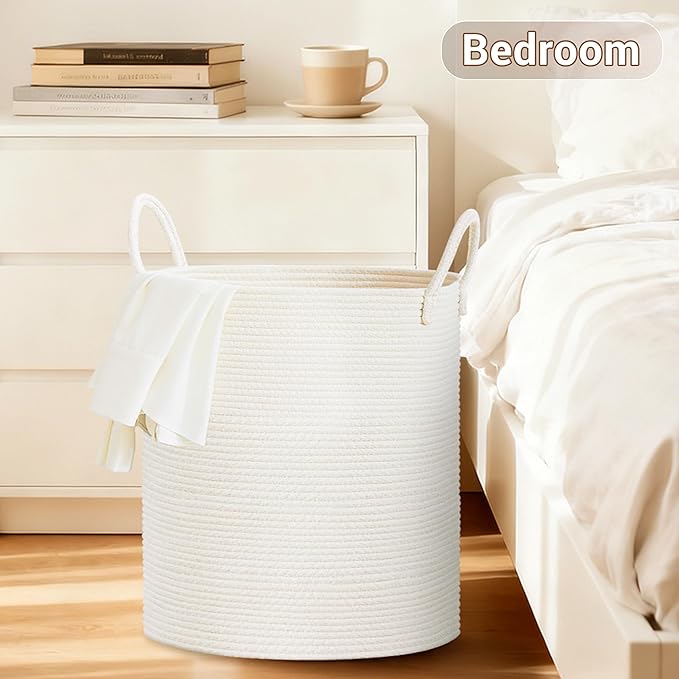 Tall Laundry Basket with Handles, 88L Portable Dirty Clothes Hamper, Boho Cotton Rope Storage Bin for Blankets Kids Toys Gifts, Large Organizer for Baby Nursery Bedroom Bathroom, White