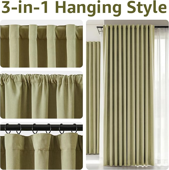 jinchan Chenille Blackout Curtains 96 Inches Long 2 Panels Sage Green Thermal Insulated Curtains for Living Room Bedroom Back Tab Window Curtains Triple Weave Noise Reducing Drapes 50x96 Inch
