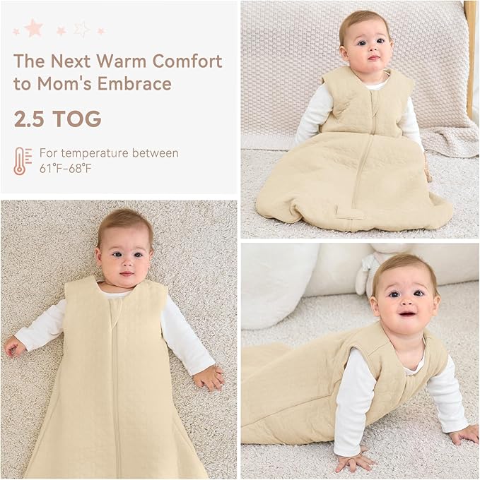 Unnivoll Baby Sleep Sack 0-6 Months TOG 2.5 Winter Baby Wearable Blanket, 100% Cotton Fabric Newborn Infant Sleeping Sack 2-Way Zipper Quilted Baby Sleep Bag, Warm Soft Apricot