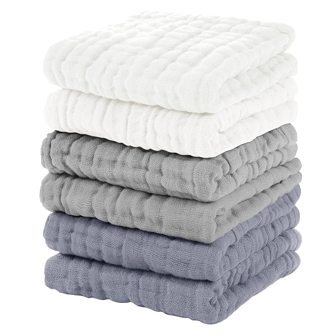 Unnivoll Muslin Baby Washcloths 6 Pack, 100% Cotton Wash Cloths for Babies, Large 12''X12'' Burp Cloths Absorbent and Soft for Newborn Infants Kids Boys Girls - White Gray