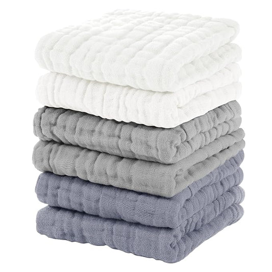Unnivoll Muslin Baby Washcloths 6 Pack, 100% Cotton Wash Cloths for Babies, Large 12''X12'' Burp Cloths Absorbent and Soft for Newborn Infants Kids Boys Girls - White Gray