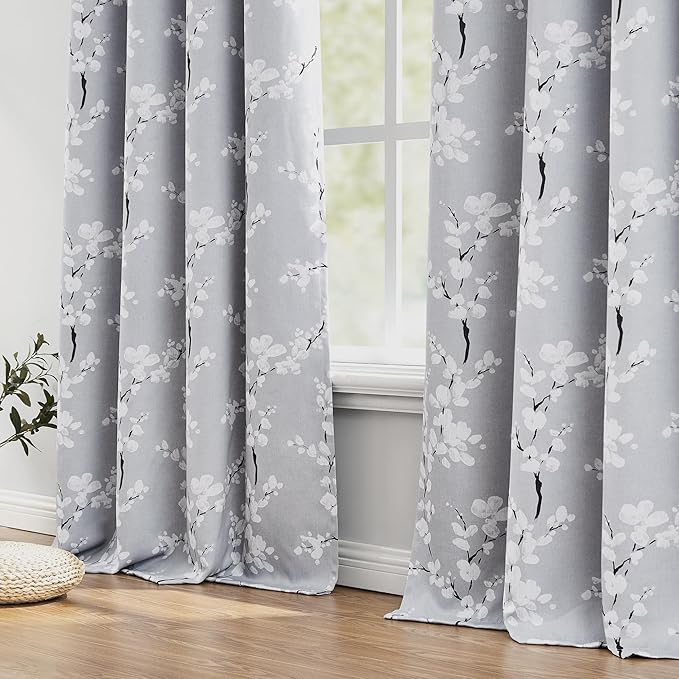 Fmfunctex Blue Valance Curtain, Blossom Blackout Window Valance Thermal Insulated Rod Pocket Floral Valance Curtains, 50'' Wx18'' L, Grey and White, 1 Panel