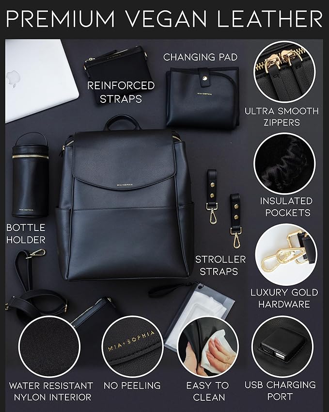 MIA + SOPHIA Leather Diaper Bag Backpack with USB Charging port, Changing Pad, Stroller Straps (Black Olivia)