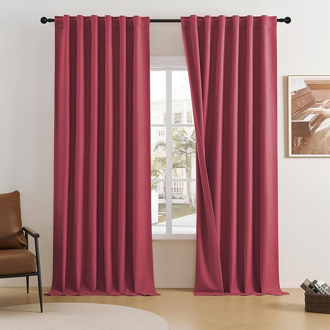 DUALIFE Full Shading Blackout Linen Curtains Set 96 Inch Drapes,Energy Smart Noise Reducing Drapes for Bedroom,Privacy Assured Panels Back Tab/Rod Pocket/Hook Belt 50W x 96L,Rose Red,2 Panels Set