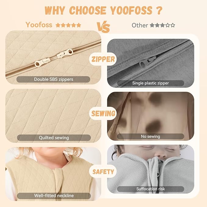 Yoofoss Baby Sleep Sack 0-6 Months TOG 2.5 Winter Baby Wearable Blanket, 100% Organic Cotton Infant Sleeping Sack 2-Way Zipper Warm Quilted Sleep Sack