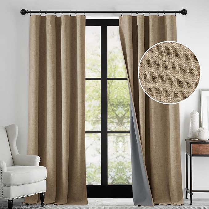 RYB HOME 100% Blackout Linen Textured Curtains for Bedroom, Farmhouse Thermal Insulated Window Curtains for Living Room Dining Patio Sliding Glass Door, Wide 52 x Long 102 inch, Burlap, 2 Panels