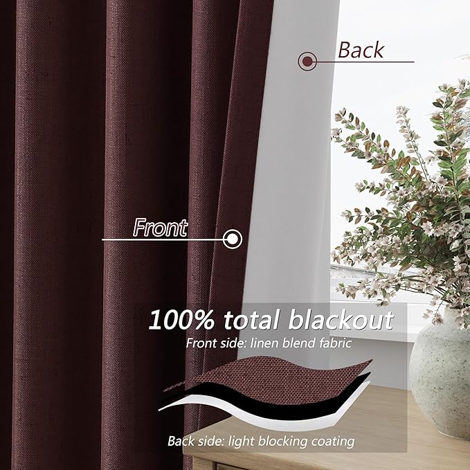Guken 100% Blackout Curtains 120 Inch Length 2 Panels Set for Living Room Bedroom Back Tab Thermal Insulated Black Out Linen Drapes Room Darkening Reddish Brown,52x120