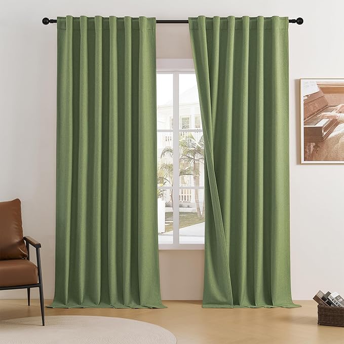 DUALIFE Sage Green Blackout Curtains 84 Inch Length, Back Tab Rod Pocket Hooks Window Treatment Farmhouse Spring Boho Linen Textured Long Drapes for Bedroom Living Room W50 x L84, 2 Panels Set