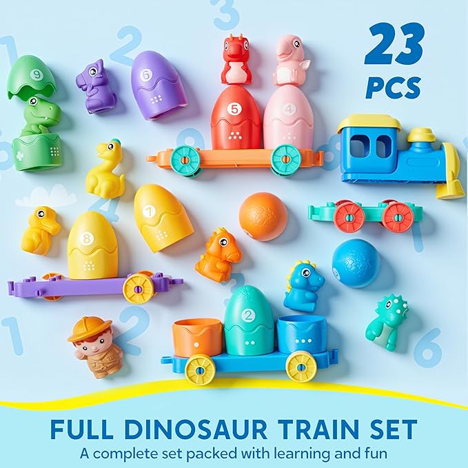 Play-Act Learning Toy for Toddlers 1 2 3 Years Old, Counting, Matching & Sorting Montessori Learning Dinosaur Train Including 9 Dinosaurs, Easter Basket Stuffers Birthday Gift for Baby Boys Girls