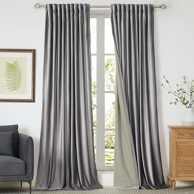 100% Full Blackout Silver Grey Velvet Curtains 102 inch Long for Living Room,Set of 2 Panels Liner Rod Pocket Back Tab Thermal Window Curtains Room Darkening Heavy Decorative Drapes for Bedroom