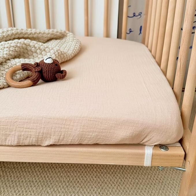 BuLuTu 2 Pack Muslin Fitted Crib Sheets 52"x28" for Standard Crib Mattress, Toddler Boys Girls 100% Cotton Baby Sheets, Soft Breathable, Machine Wash, Beige & Pink