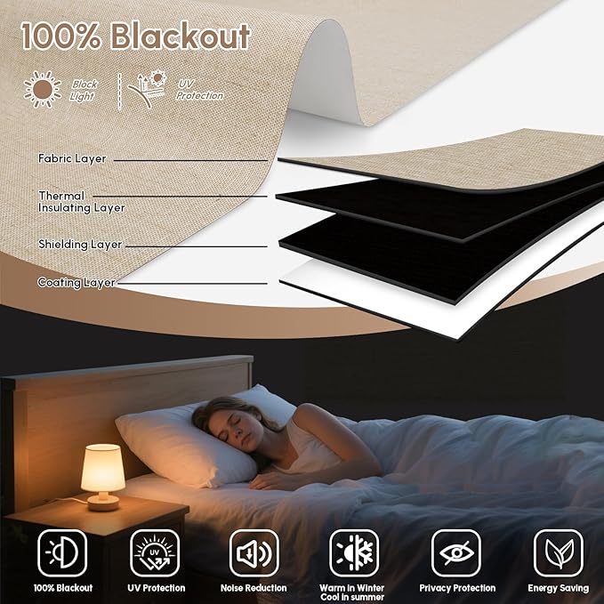 Kincmo No Drill Motorized Blinds with Remote, 100% Blackout Roller Shades for Windows, Custom Electric Blinds Compatible with Alexa, Apple Homekit, Google Home (100% Blackout Linen Caramel)
