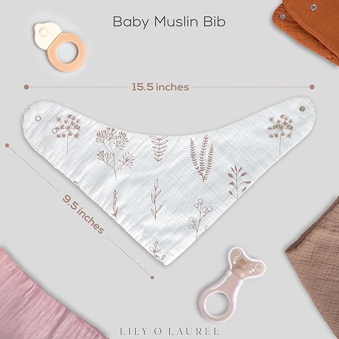 LILY O LAUREL Muslin Baby bibs for drooling and teething, 100% cotton, Bibs for baby girl, Muslin bibs for boys (8 Pack)