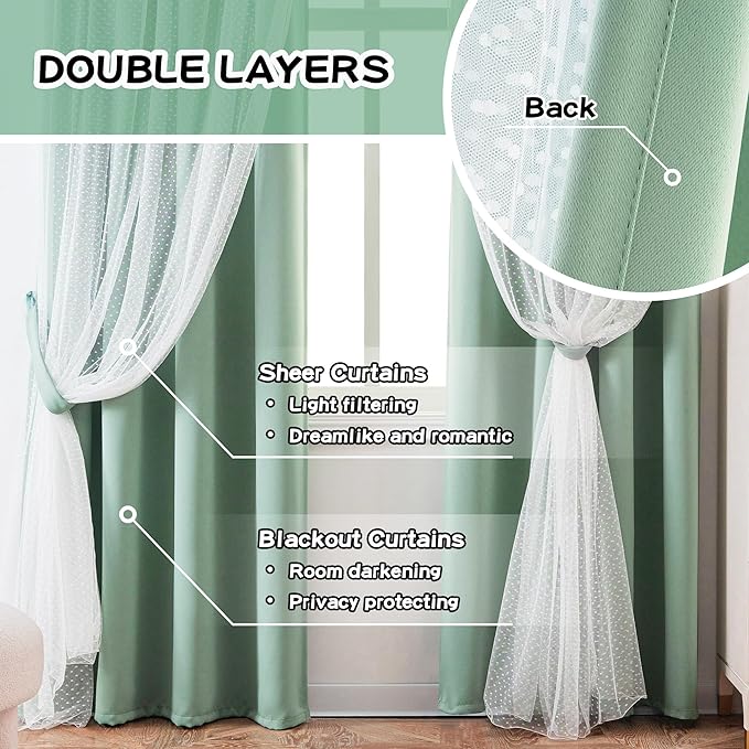 MYSKY HOME Curtains for Girls Bedroom & Nursery Kids Green Cute Curtains Double Layer with Polka Dots Sheer, Grommet Tops, 52x95 Inch Each Panel, 2 Panels