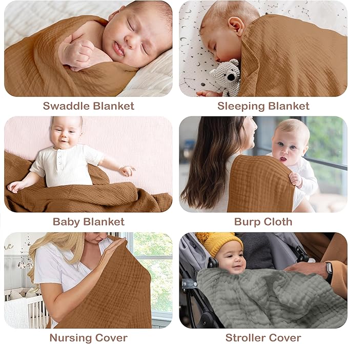 100% Organic Cotton Muslin Baby Blanket - 47 x 47 Inch Breathable Baby Blankets for Girls, Hypoallergenic Double-Layer, Soft and Cozy Newborn Baby Blanket for Sleeping & Everyday (Gold/Sage)