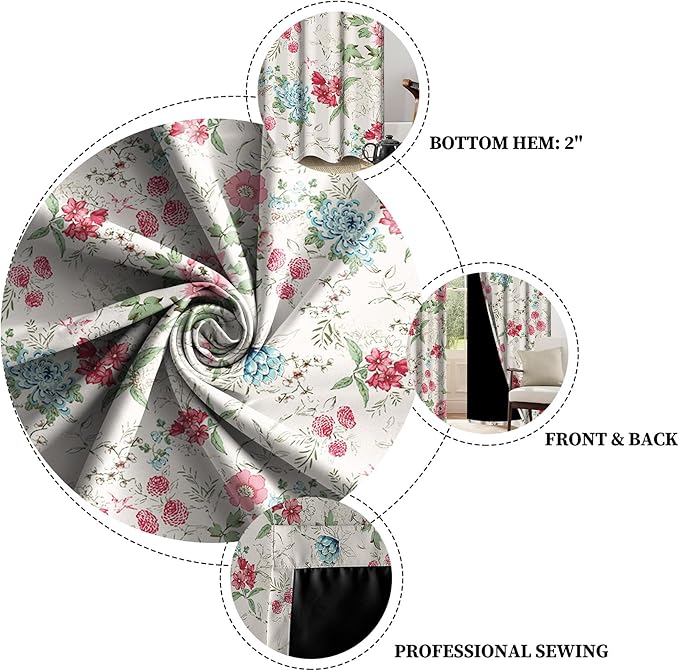 Renaiss Boho Flower Blackout Curtains Wild Blue Pink Floral Thermal Insulated Window Drapes for Bedroom 29W x 45L inches 2 Panel Set Beige Window Curtain Panels for Kitchen