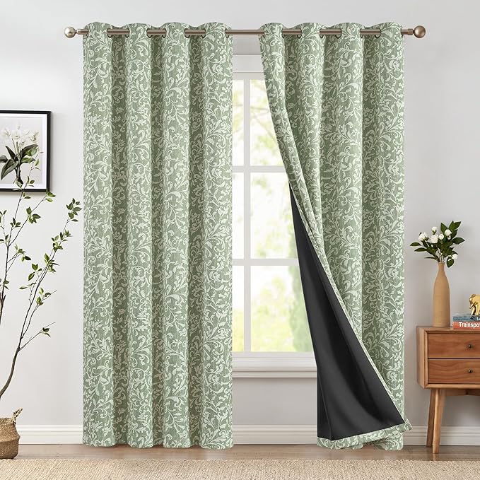 jinchan Blackout Curtains for Bedroom, Green Scroll Floral Patterned Curtains 90 Inch Length for Living Room, Farmhouse Vintage Art Deco Drapes, Thermal Insulated Window Curtains Grommet 2 Panels