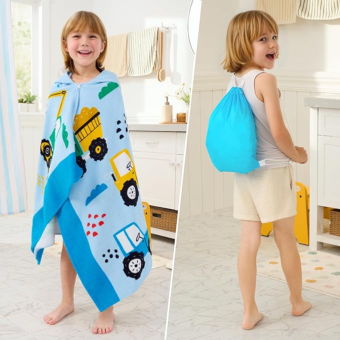 Joiedomi Hooded Towels for Kids Engineering Vehicle Print Soft 100% Cotton Kids Beach Towel 30" x 50" for 3-10 Years Boys Girls Beach Hooded Poncho Absorbent Pool Toddler Swim Bath Wrap