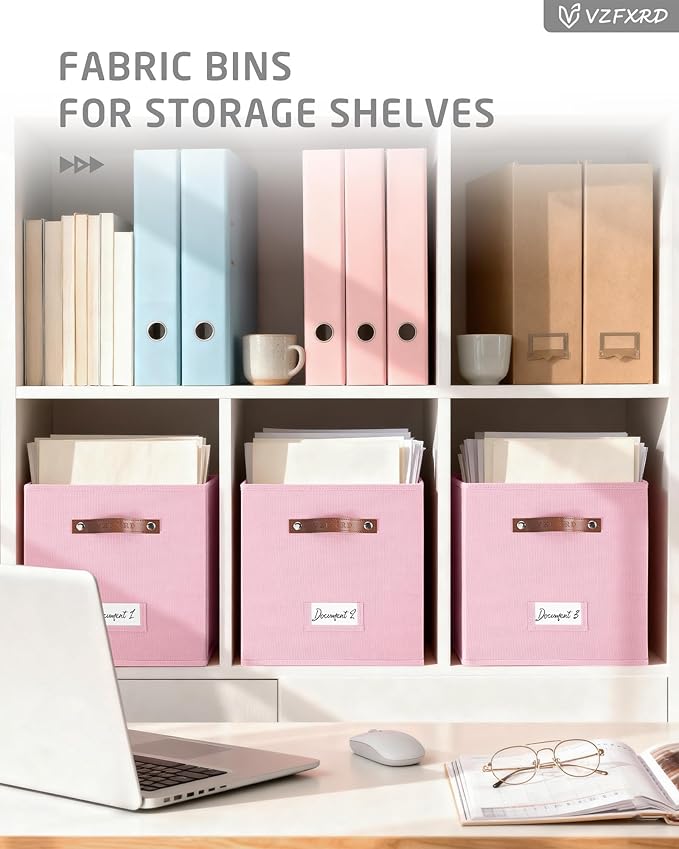 13 Inch Cube Storage Bin Fabric Basket with Handles and Labels, Cube Storage Organizer for Closet, Bedroom, Living Room (Pink,6 Pack)