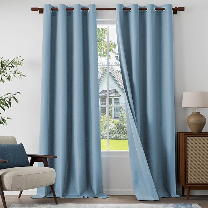 100% Blackout Linen Textured Curtains for Living Room, Bedroom, Light Weight Curtains with Grommets Top, Full Blackout Curtains Privacy Protection, Light Blue, 52" W x 108" L, 2 Panels