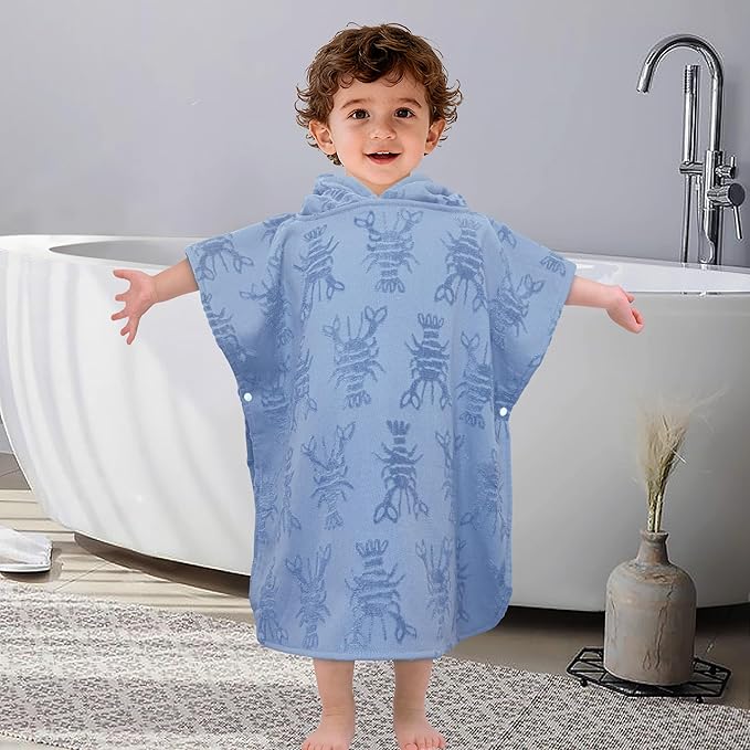 Toddler Bath Towels with Hood, Oversized (2-4Years,22"X22") Made from 100% Soft Cotton,Absorbent Hooded Poncho Towel for Baby Boy,Perfect for Pool | Swimming | Bath | Beach,Jacquard Blue Lobster