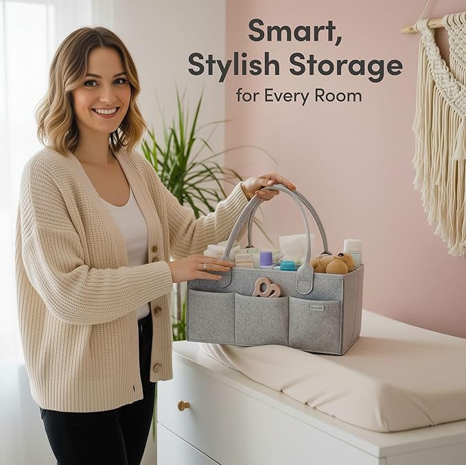 PUTSKA Baby Diaper Caddy Organizer - Nursery Storage Basket for Diaper Station, Baby Basket Shower Gift List and Registry Must-Have, Newborn Essentials, Nursery Decor for Boy or Girl - Grey, Large
