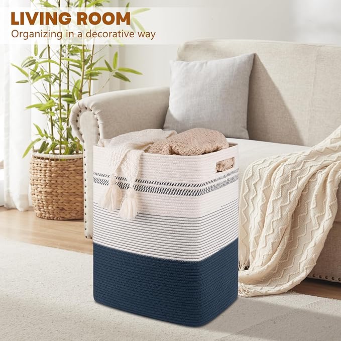 Laundry Basket, Large Woven Rope Tall Laundry Basket with Handles, Decorative Storage Basket for Clothes and Blankets in Living room, Bedroom