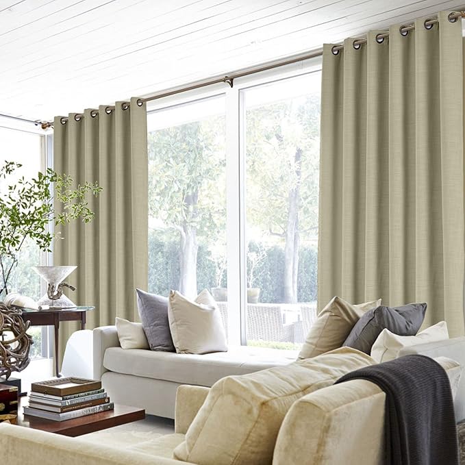 ChadMade 50W x 63L Inch Grey Beige Faux Linen Curtain Drapes with Blackout Lining, Room Darkening Antique Bronze Grommet Curtain for Sliding Glass Door Patio Door Living Room (1 Panel)