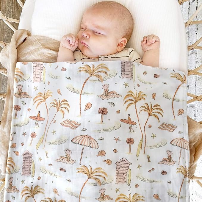LifeTree Baby Swaddle Blanket, 70% Viscose from Bamboo and 30% Cotton Muslin Swaddles Blankets Boys Girls, Swaddling Blanket for Newborn, Super Soft Large 47" x 47", Yellow Sandy Beach